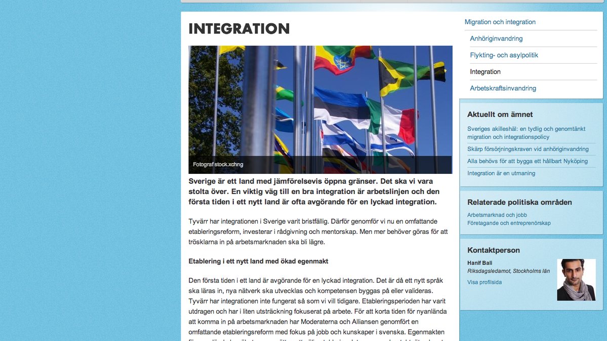 Under fliken "integration" på Moderaternas hemsida står Bali som kontaktperson.